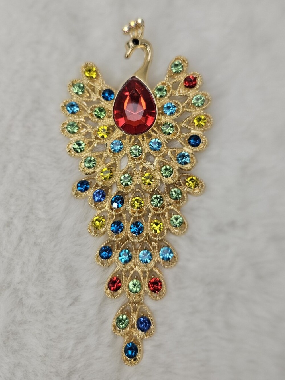 Gold Peacock Brooch with Red, Blue, Green and Yellow Crystals